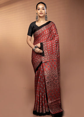 Maroon Printed Pure Silk Saree Without Blouse Piece