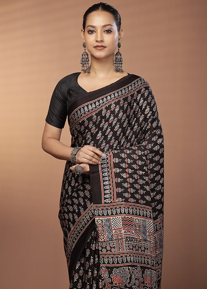 Black Printed Pure Silk Saree Without Blouse Piece