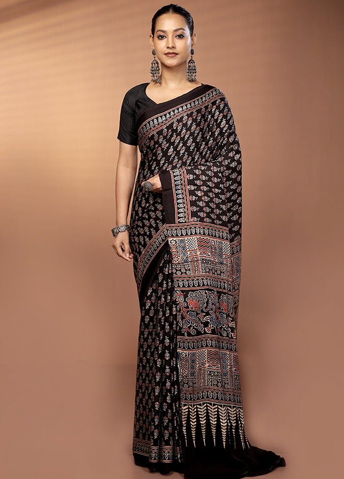 Black Printed Pure Silk Saree Without Blouse Piece