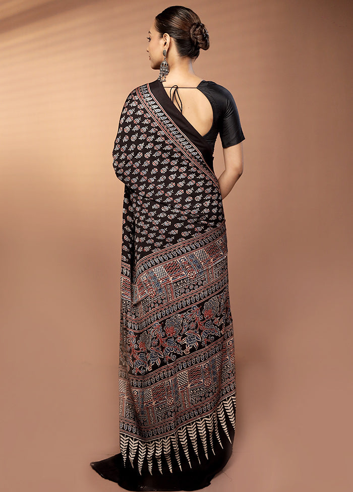 Black Printed Pure Silk Saree Without Blouse Piece
