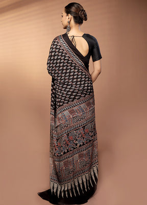 Black Printed Pure Silk Saree Without Blouse Piece