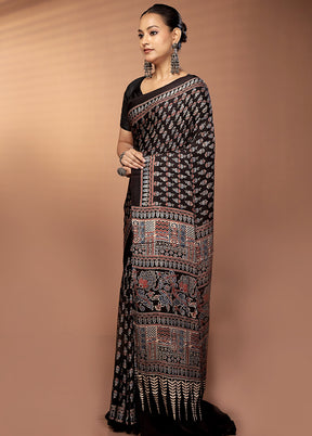 Black Printed Pure Silk Saree Without Blouse Piece