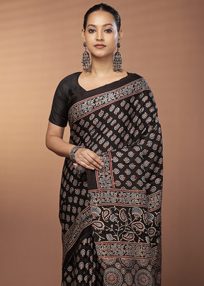 Black Printed Pure Silk Saree Without Blouse Piece