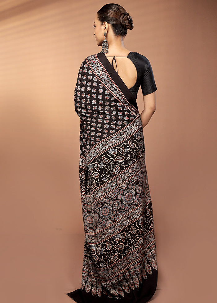 Black Printed Pure Silk Saree Without Blouse Piece