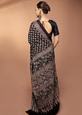 Black Printed Pure Silk Saree Without Blouse Piece