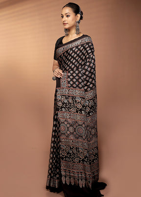 Black Printed Pure Silk Saree Without Blouse Piece
