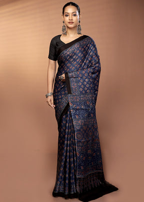 Blue Printed Silk Saree Without Blouse Piece