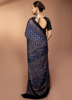 Blue Printed Silk Saree Without Blouse Piece