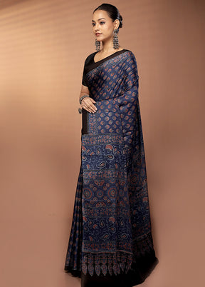Blue Printed Silk Saree Without Blouse Piece