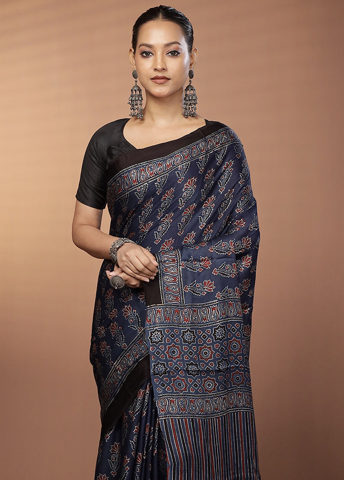 Blue Printed Pure Silk Saree Without Blouse Piece