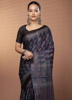 Blue Printed Pure Silk Saree Without Blouse Piece