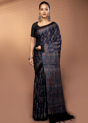 Blue Printed Pure Silk Saree Without Blouse Piece
