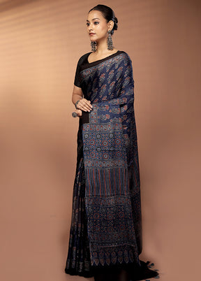 Blue Printed Pure Silk Saree Without Blouse Piece