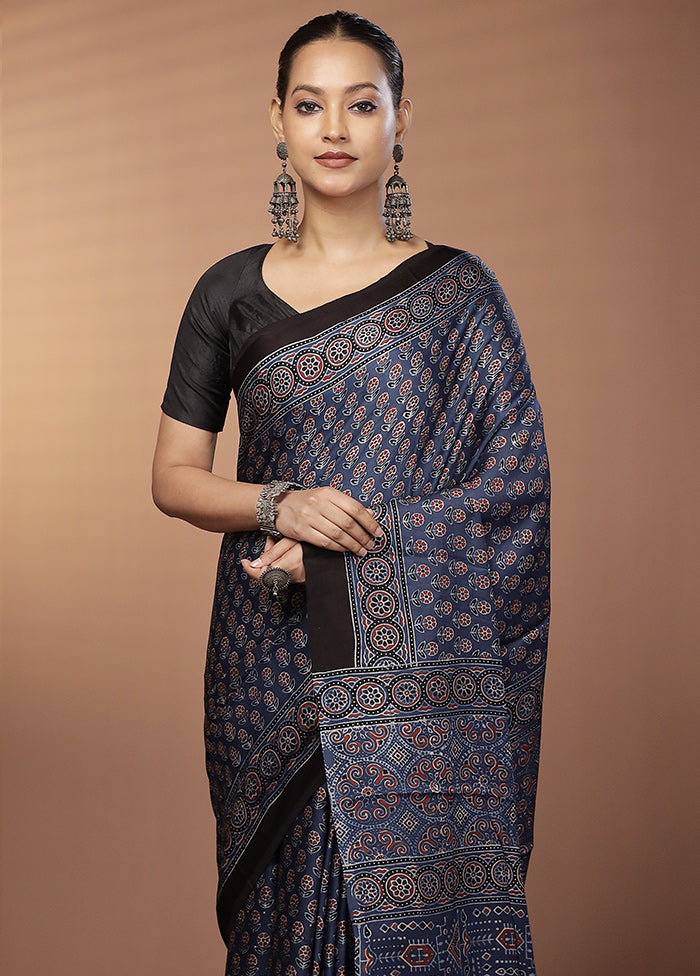 Blue Printed Pure Silk Saree Without Blouse Piece