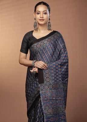 Blue Printed Pure Silk Saree Without Blouse Piece