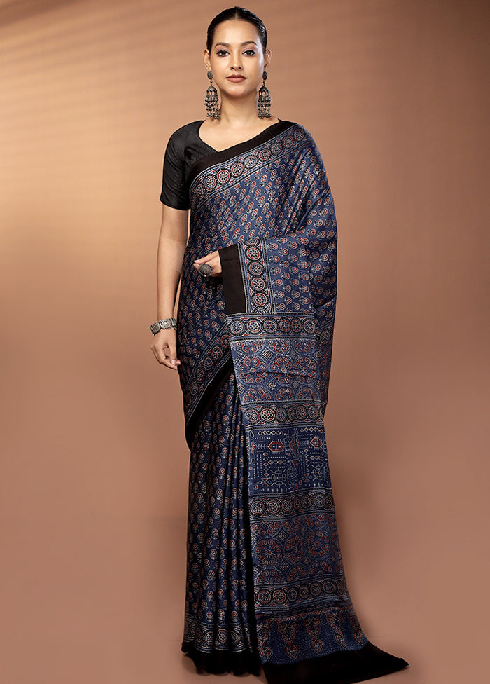 Blue Printed Pure Silk Saree Without Blouse Piece