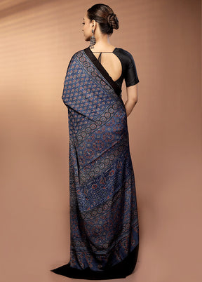 Blue Printed Pure Silk Saree Without Blouse Piece