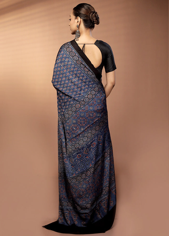 Blue Printed Pure Silk Saree Without Blouse Piece