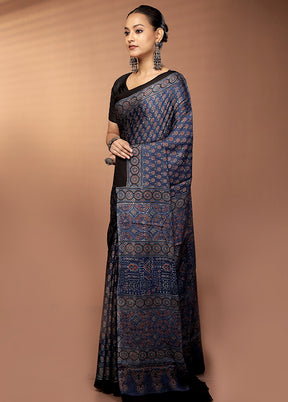 Blue Printed Pure Silk Saree Without Blouse Piece