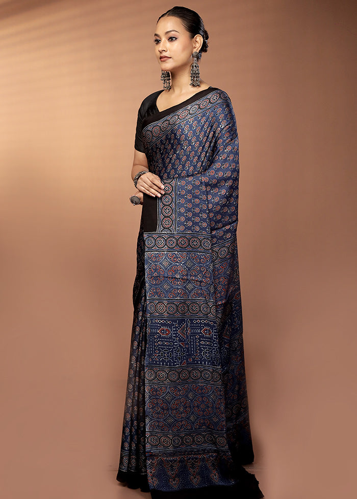 Blue Printed Pure Silk Saree Without Blouse Piece