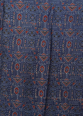 Blue Printed Pure Silk Saree Without Blouse Piece