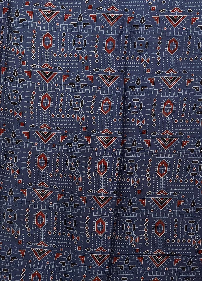 Blue Printed Pure Silk Saree Without Blouse Piece