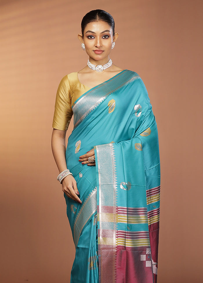 Blue Dupion Silk Saree With Blouse Piece
