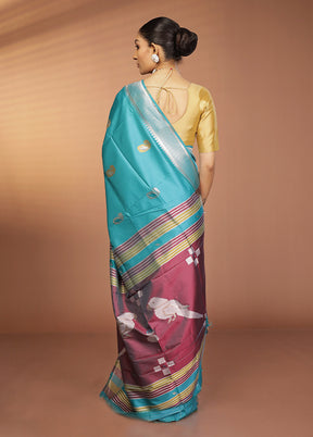 Blue Dupion Silk Saree With Blouse Piece