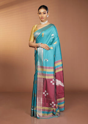 Blue Dupion Silk Saree With Blouse Piece