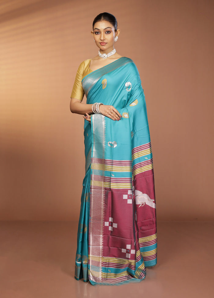 Blue Dupion Silk Saree With Blouse Piece