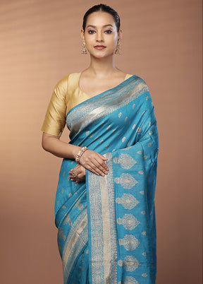 Blue Dupion Silk Saree With Blouse Piece