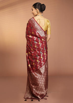 Maroon Dupion Silk Saree With Blouse Piece