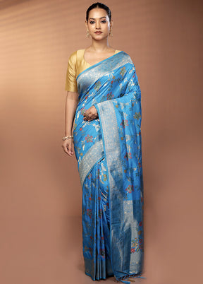 Blue Dupion Silk Saree With Blouse Piece