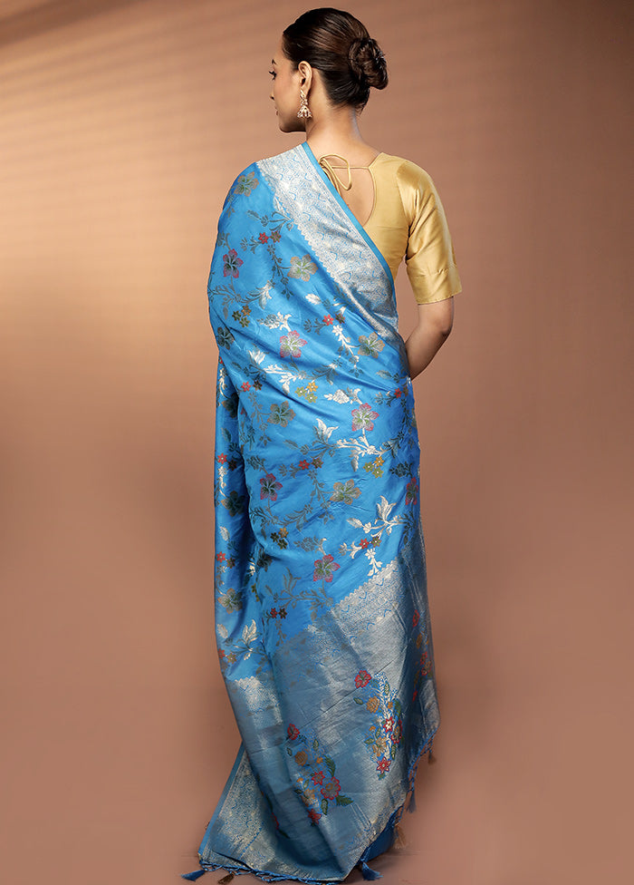 Blue Dupion Silk Saree With Blouse Piece