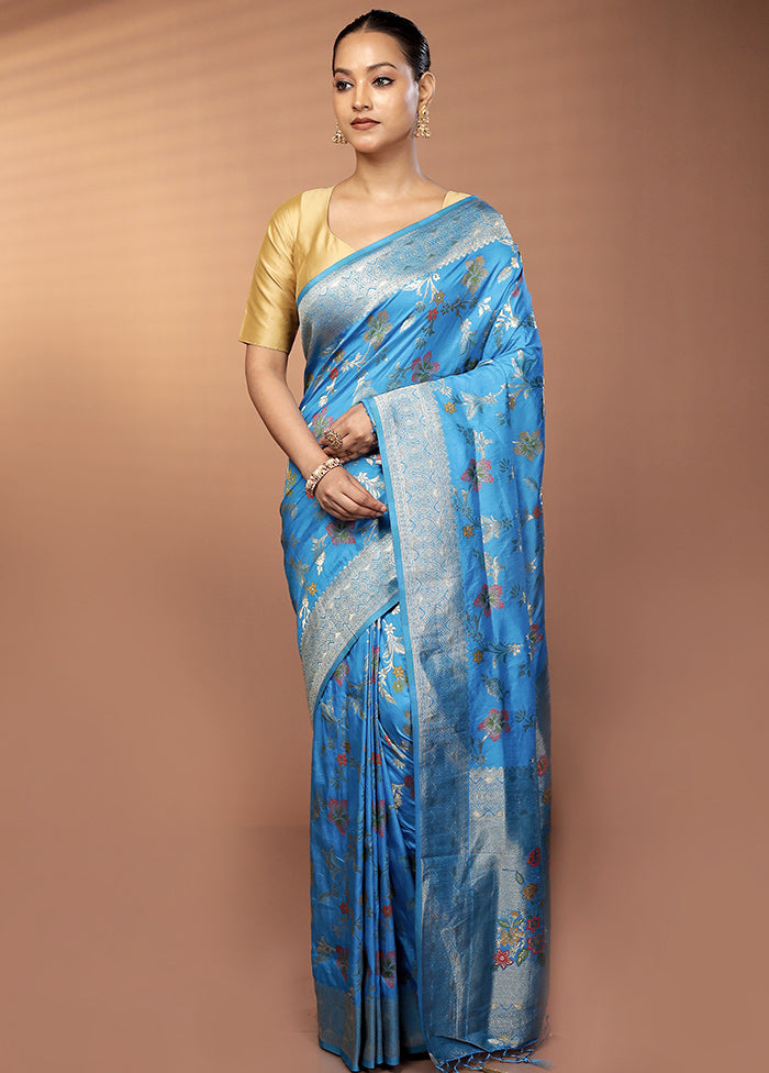 Blue Dupion Silk Saree With Blouse Piece