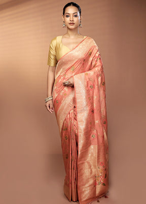 Peach Dupion Silk Saree With Blouse Piece