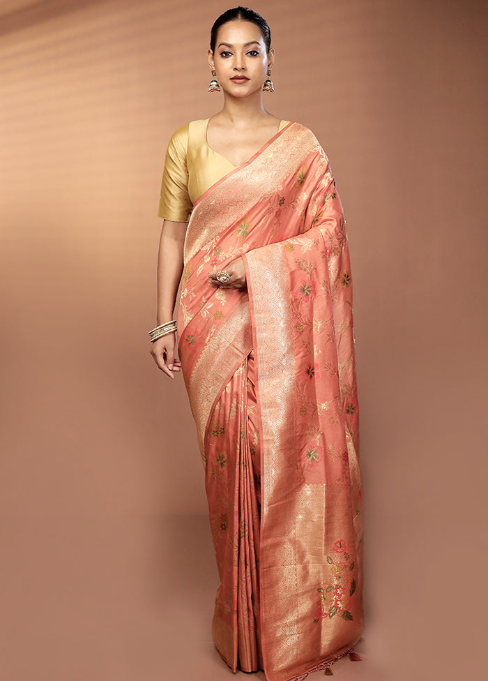 Peach Dupion Silk Saree With Blouse Piece