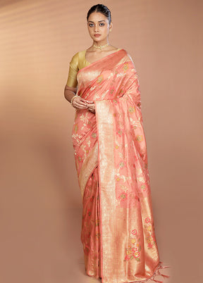 Peach Dupion Silk Saree With Blouse Piece