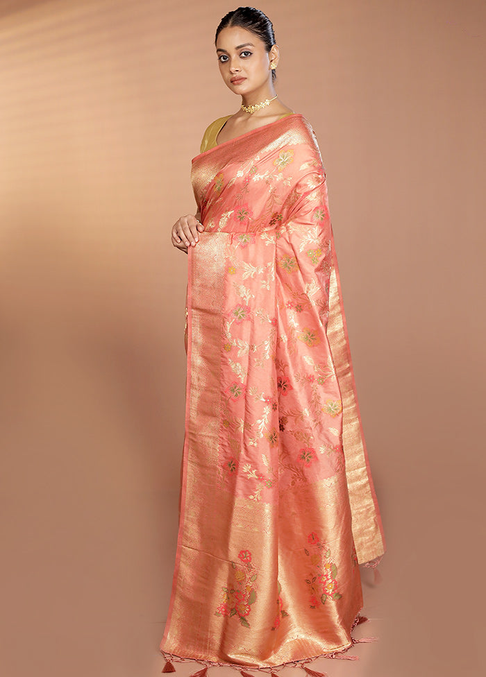 Peach Dupion Silk Saree With Blouse Piece
