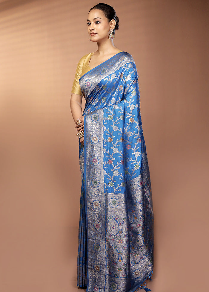 Blue Dupion Silk Saree With Blouse Piece