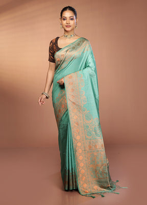 Green Dupion Silk Saree With Blouse Piece