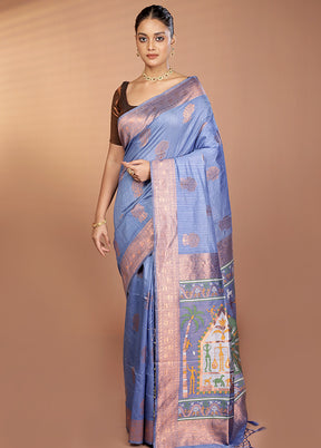 Blue Dupion Silk Saree With Blouse Piece