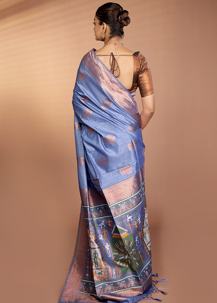 Blue Dupion Silk Saree With Blouse Piece
