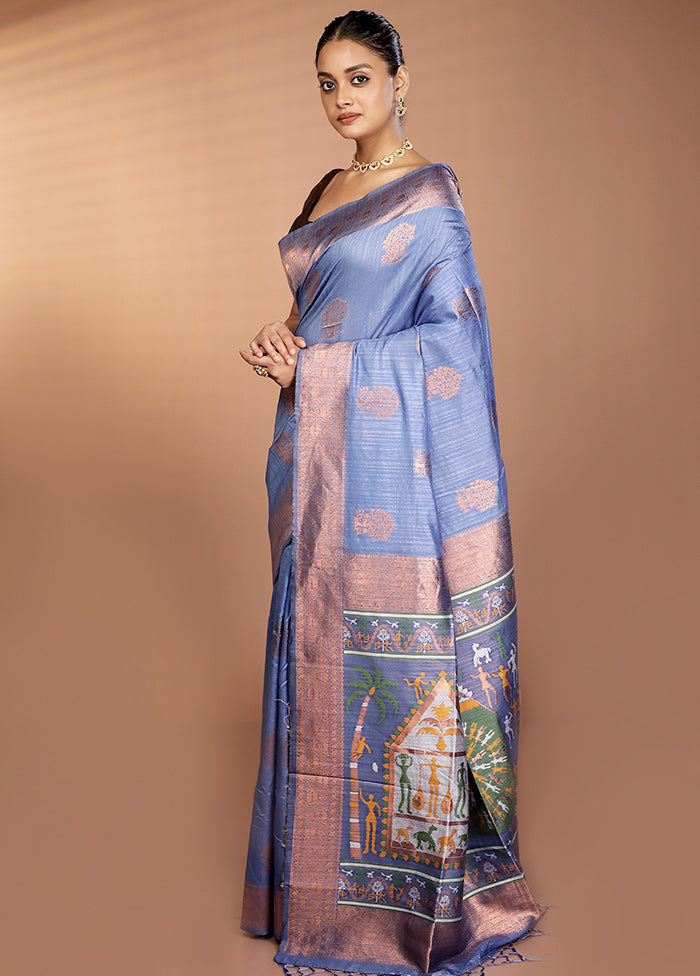 Blue Dupion Silk Saree With Blouse Piece