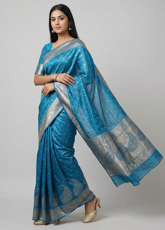 Blue Dupion Silk Saree With Blouse Piece