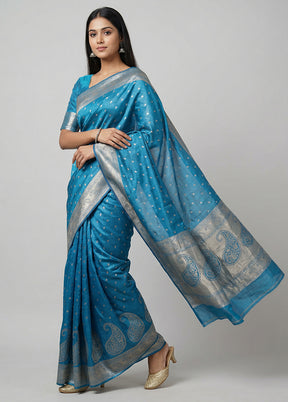 Blue Dupion Silk Saree With Blouse Piece