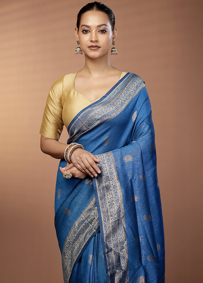 Blue Dupion Silk Saree With Blouse Piece