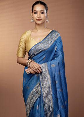 Blue Dupion Silk Saree With Blouse Piece
