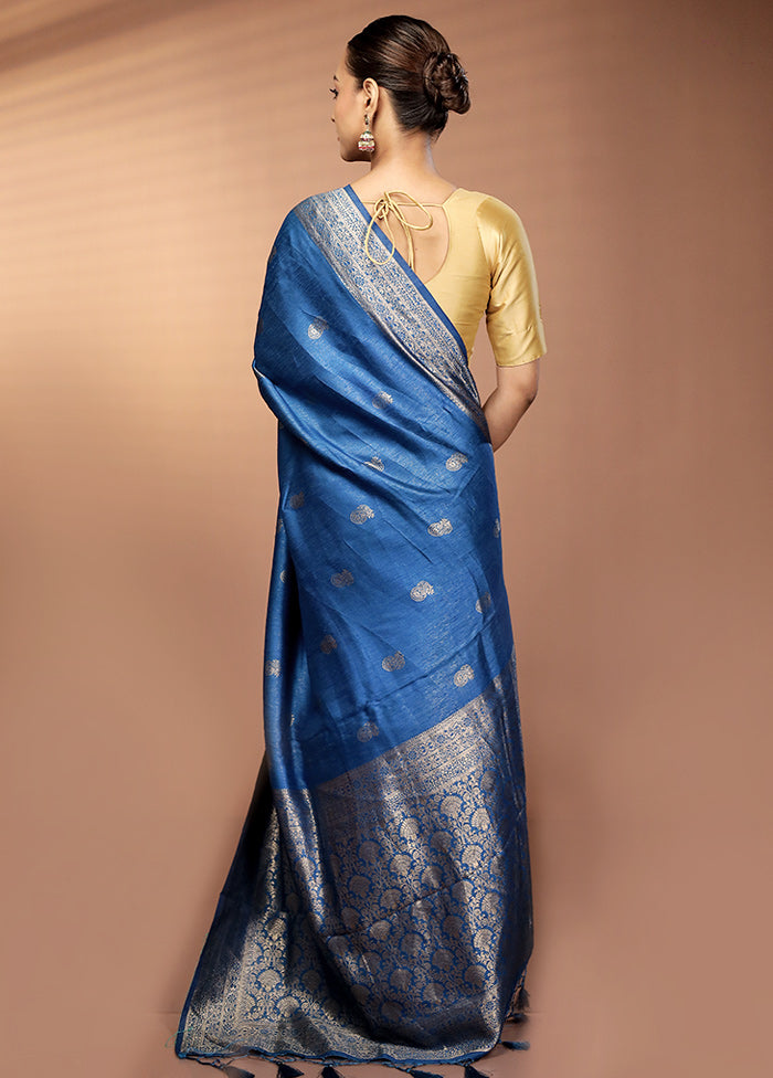 Blue Dupion Silk Saree With Blouse Piece