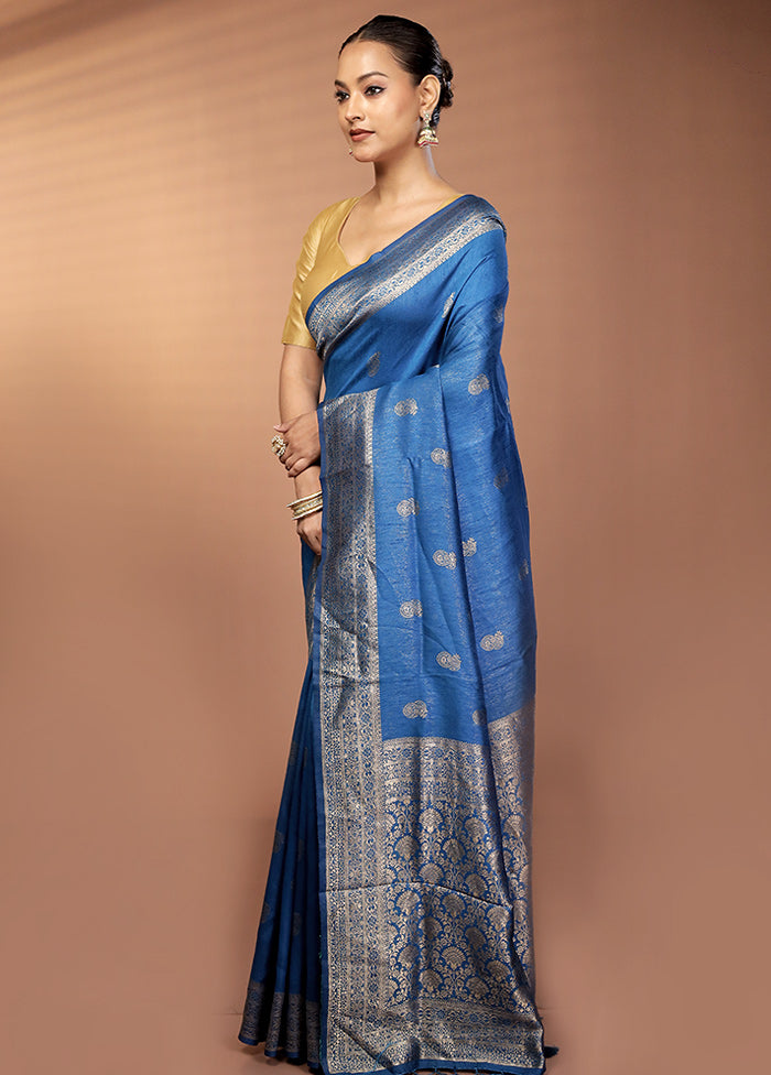 Blue Dupion Silk Saree With Blouse Piece